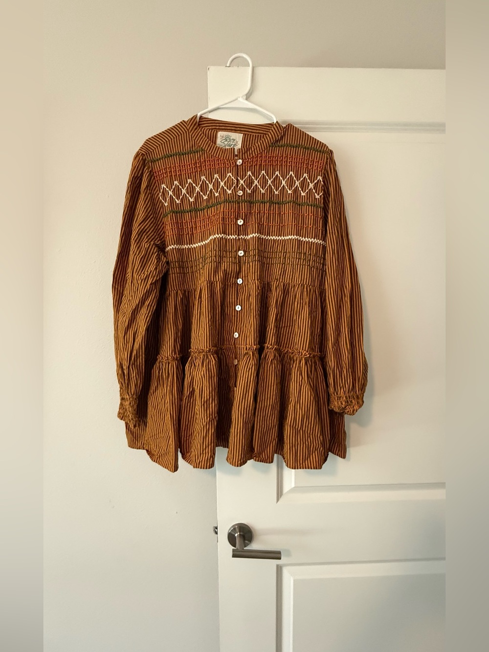 Lily Star Rust-Striped Tiered Button-Down Tunic